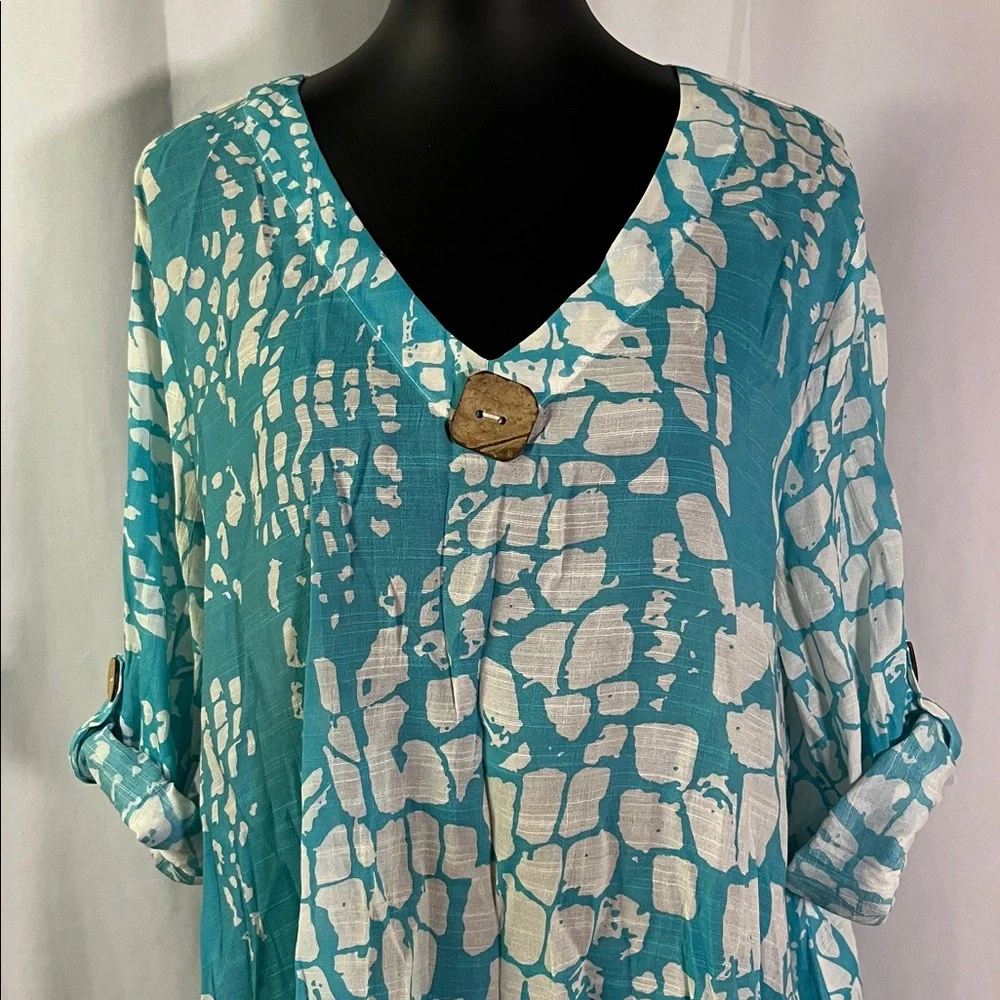 Pleasant Shade Teal & White Printed Roll-Tab Sleeve Tunic Style Swim Coverup